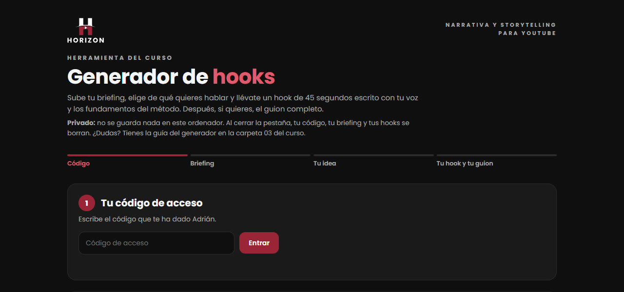 Captura del Generador de hooks y guion Horizon